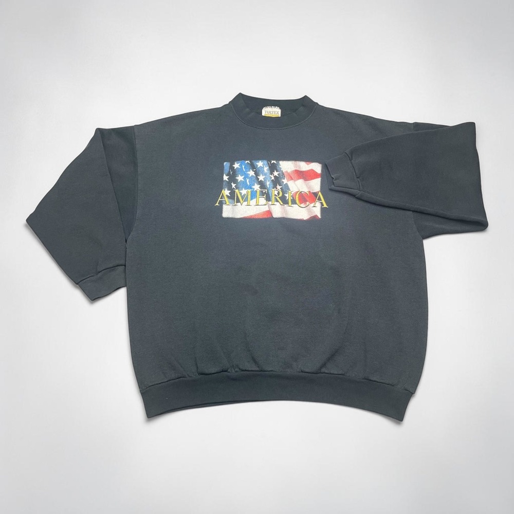 Vintage USA Made Tultex America‎ Flag Sweatshirt Mens XL Faded Black 90s Crew